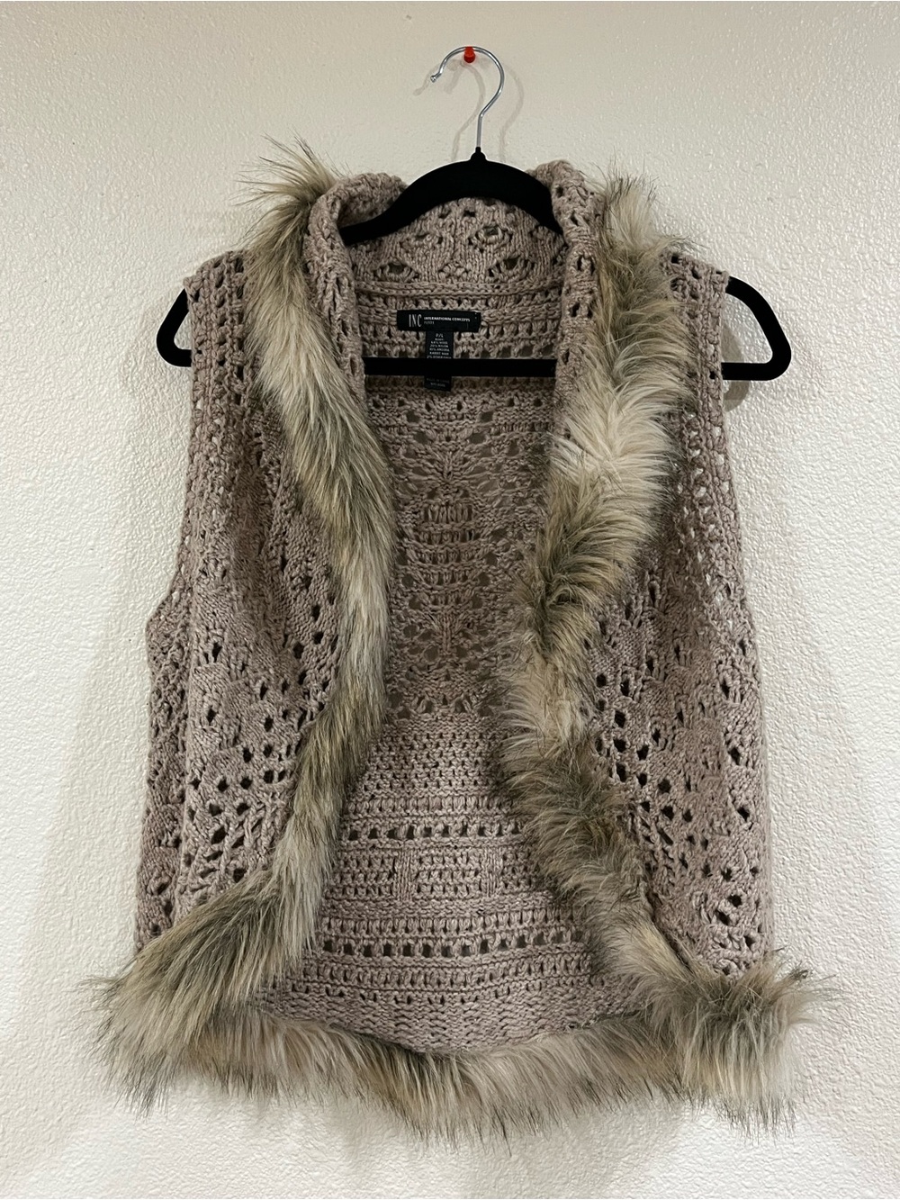INC International Concepts Taupe Crochet Vest with Faux Fur Trim